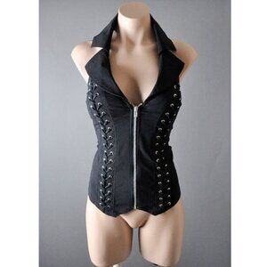 Black Collar Womens Steampunk Halter Zipper Lace Up Gothic Punk Biker Vest Top